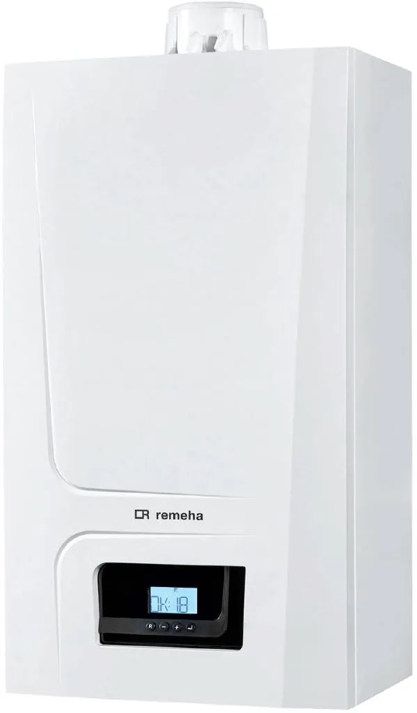 Chaudière murale à condensation Remeha Calenta Ace 28, design blanc moderne avec écran digital, idéale pour le chauffage central et l'eau chaude sanitaire.