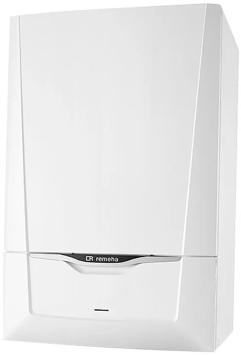 Chaudière système murale à condensation Remeha Calenta 25S, design blanc et compact, idéale pour le chauffage central et raccordement à un ballon d'eau chaude.