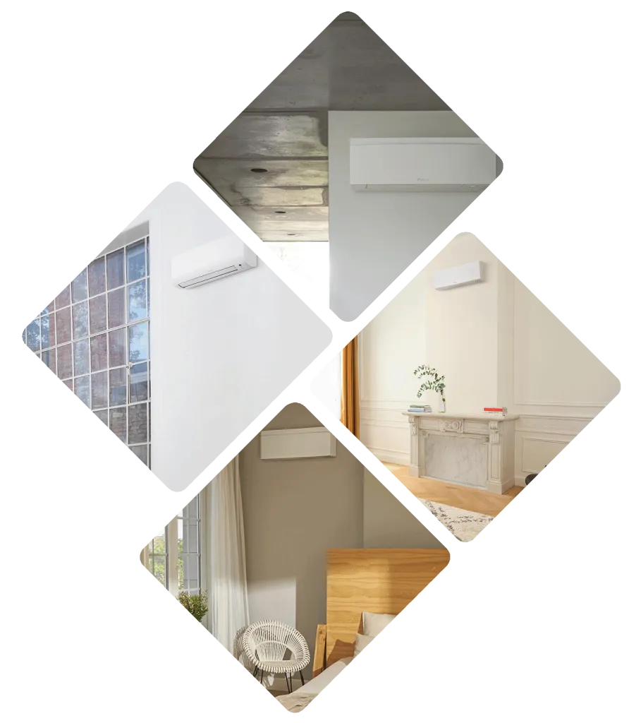Quatre unités intérieures de climatisation Daikin, intégrées discrètement dans différents intérieurs modernes (chambre, salon, mur en béton, fenêtre).