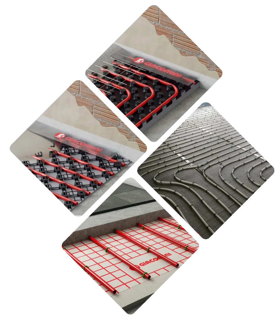 Système de chauffage par le sol Giacomini avec tubes rouges sur des panneaux isolants, vu sous différents angles.