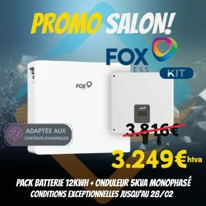 Pack batterie FOX ESS 12 kW avec onduleur 5 kW monophasé en promotion salon, prix 3.249 € HTVA, adaptée aux contrats dynamiques.