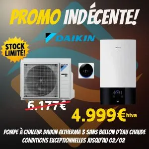 Promo indécente sur pompe à chaleur Daikin Altherma 3 sans ballon d’eau chaude à prix cassé – stock limité