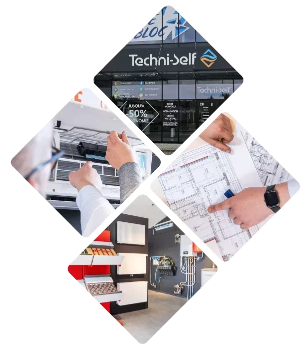 Composition visuelle montrant l'extérieur d'un magasin Techni-Self, un technicien ajustant un climatiseur, des plans de chauffage au sol, et un showroom avec des radiateurs et une chaudière.